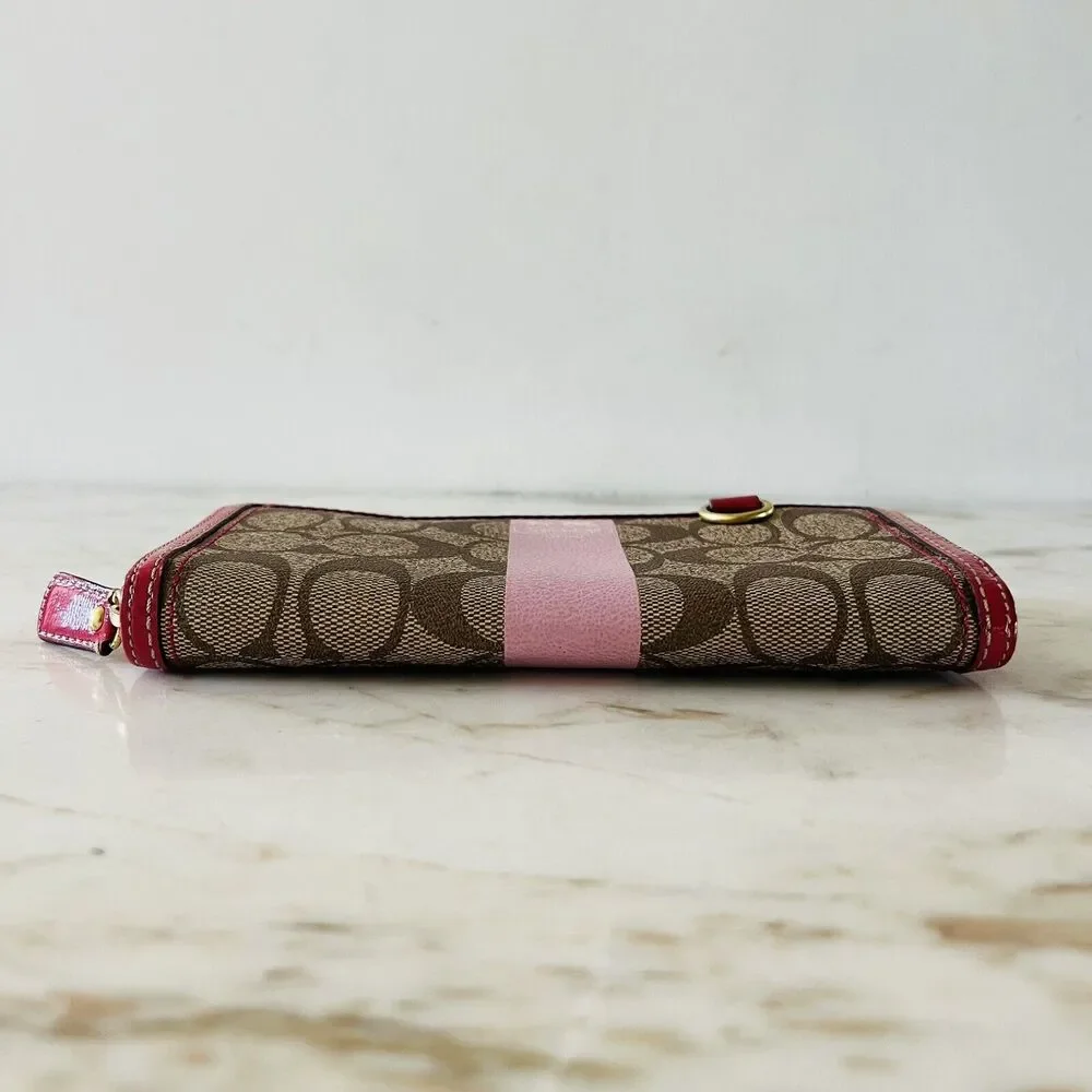 COACH Heritage Khaki Pink Stripe Accordion Zip Wallet In Signature Canvas